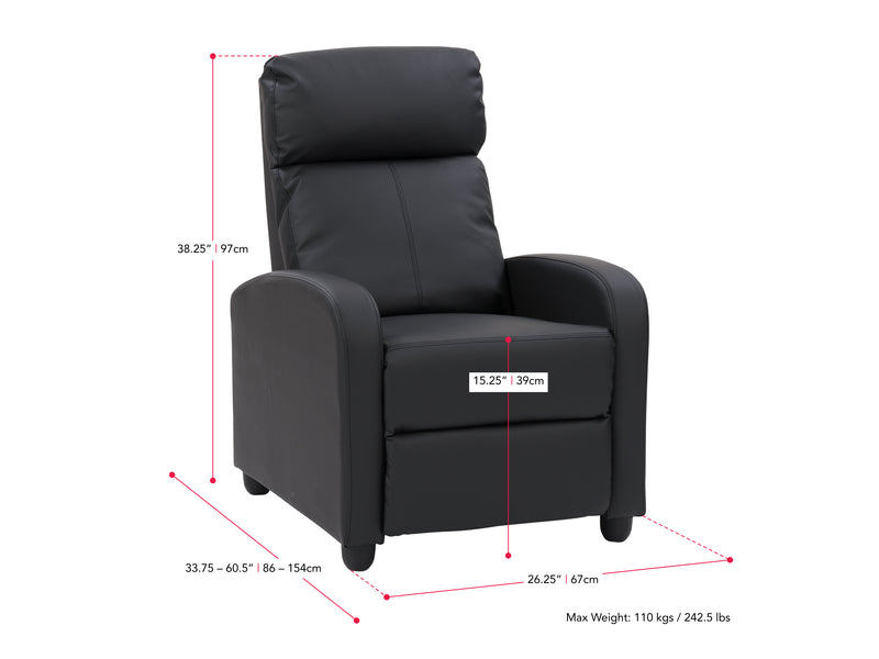 black Push Back Recliner Ophelia Collection measurements diagram by CorLiving