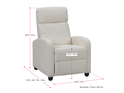 white Push Back Recliner Ophelia Collection measurements diagram by CorLiving#color_white