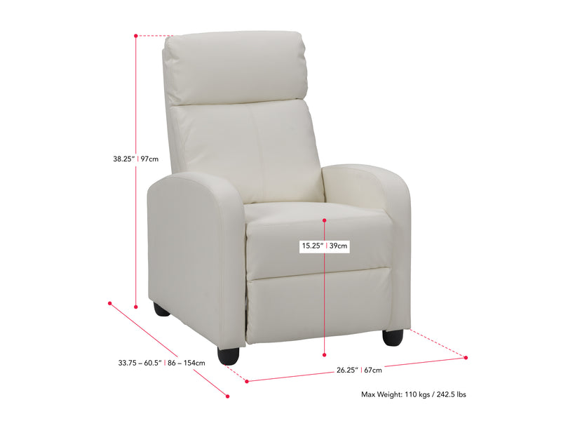 white Push Back Recliner Ophelia Collection measurements diagram by CorLiving