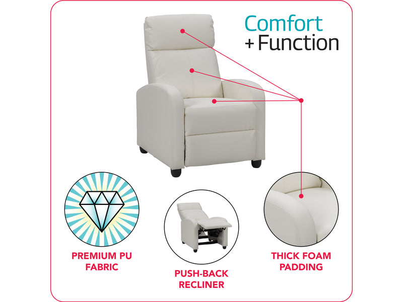 white Push Back Recliner Ophelia Collection infographic by CorLiving