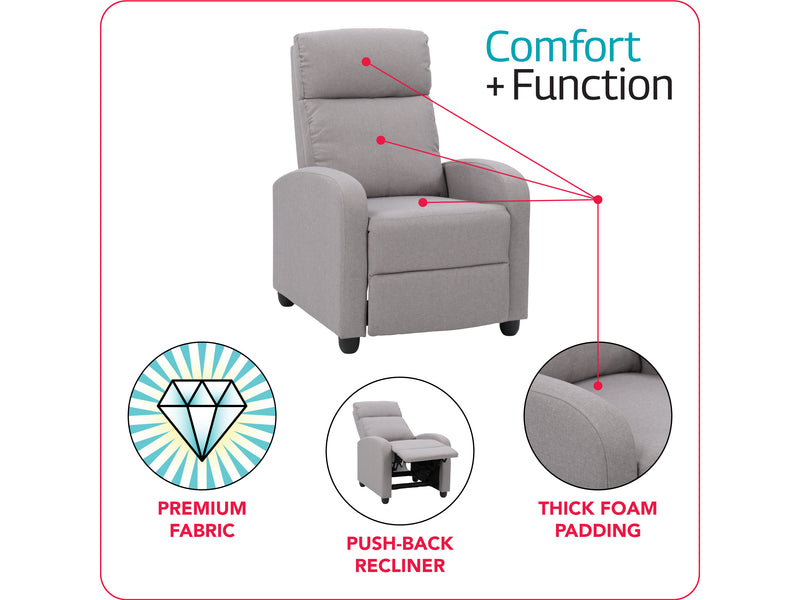 light grey Push Back Recliner Ophelia Collection infographic by CorLiving