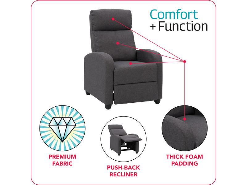 dark grey Push Back Recliner Ophelia Collection infographic by CorLiving