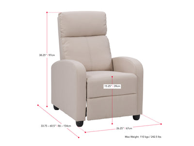 beige Push Back Recliner Ophelia Collection measurements diagram by CorLiving#color_beige