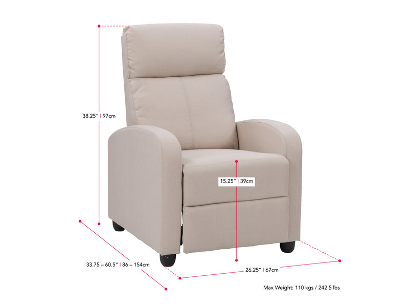 beige Push Back Recliner Ophelia Collection measurements diagram by CorLiving