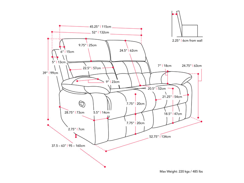 grey 2 Seater Recliner Sofa Oren Collection measurements diagram by CorLiving