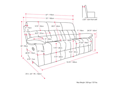 dark grey 3 Seater Recliner Sofa Oren Collection measurements diagram by CorLiving#color_dark-grey