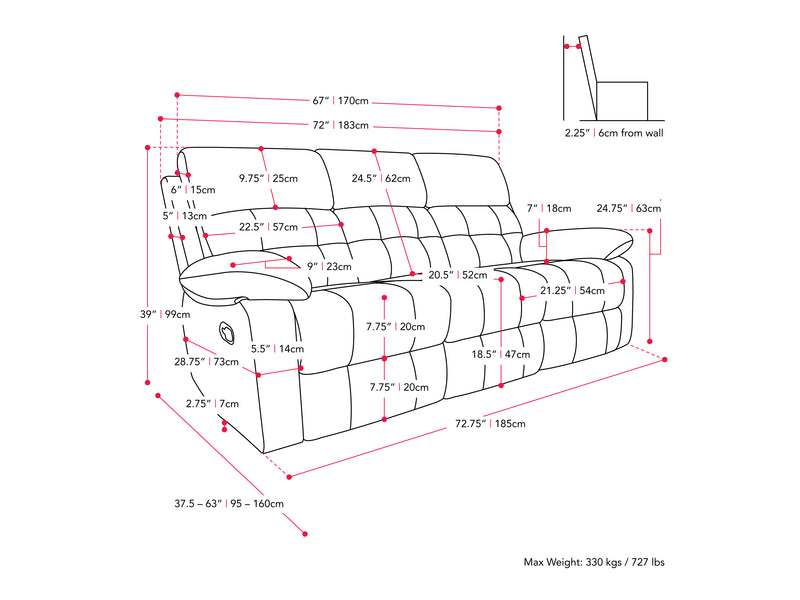 dark grey 3 Seater Recliner Sofa Oren Collection measurements diagram by CorLiving