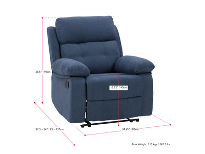 blue Extra Wide Recliner Oren Collection measurements diagram by CorLiving#color_blue