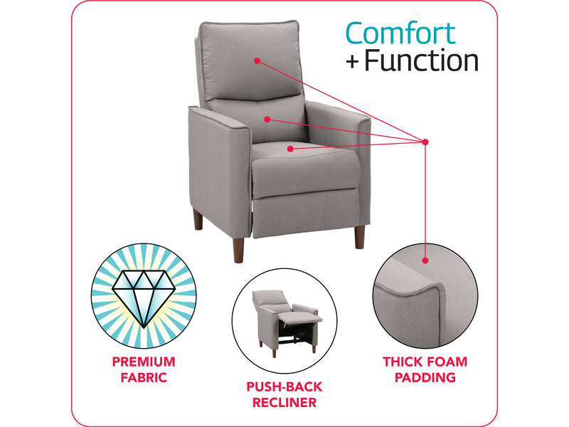 light grey Mid Century Recliner Alder Collection infographic by CorLiving