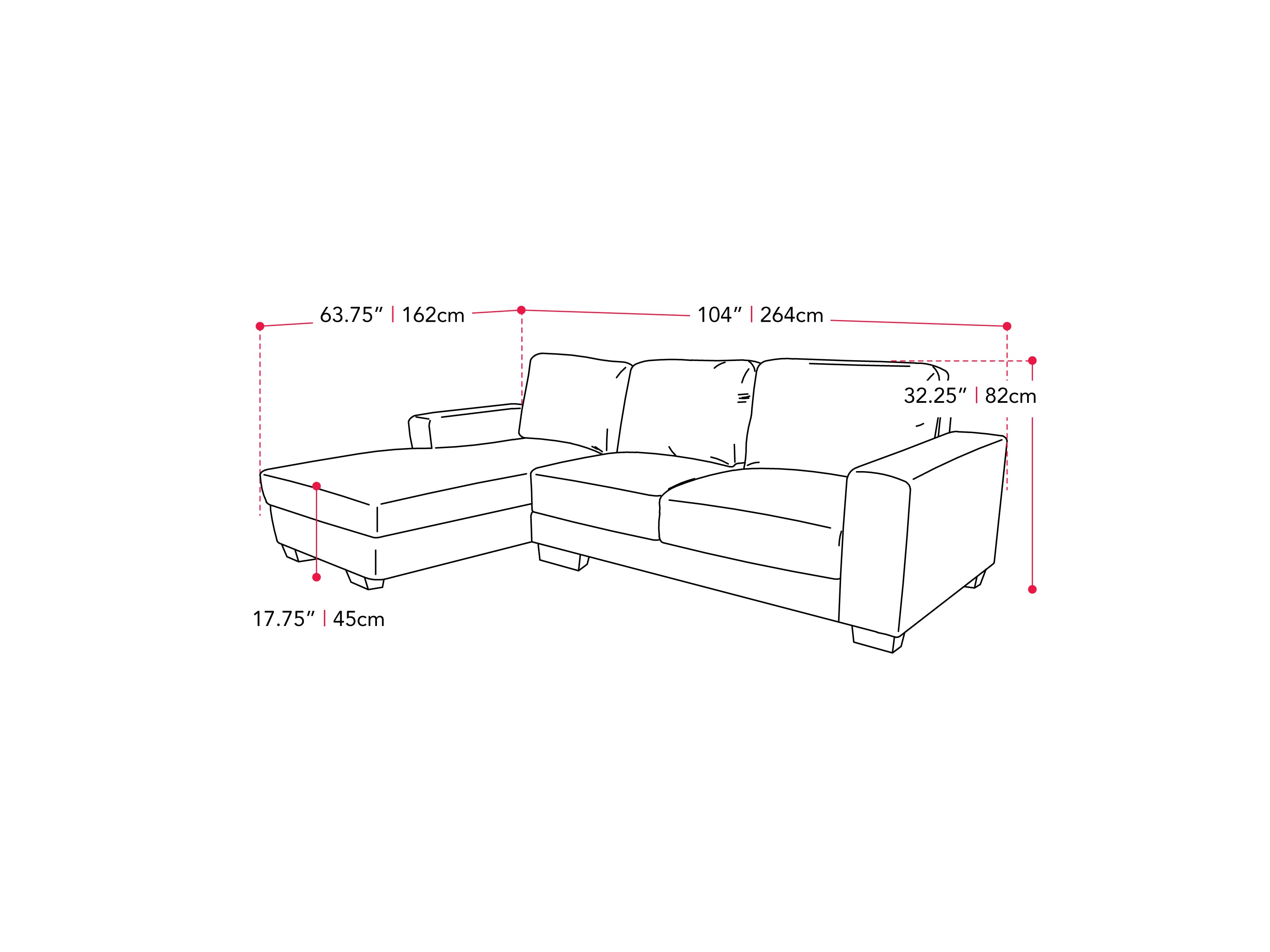 light grey Wide Sectional Couch, Right Facing Lyon Collection measurements diagram by CorLiving#color_light-grey