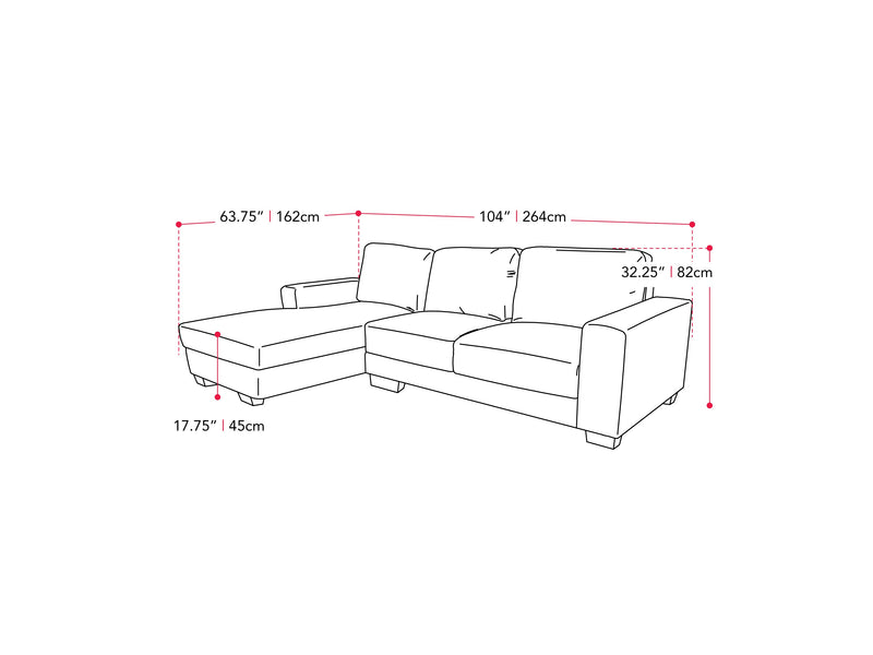 light grey Wide Sectional Couch, Right Facing Lyon Collection measurements diagram by CorLiving