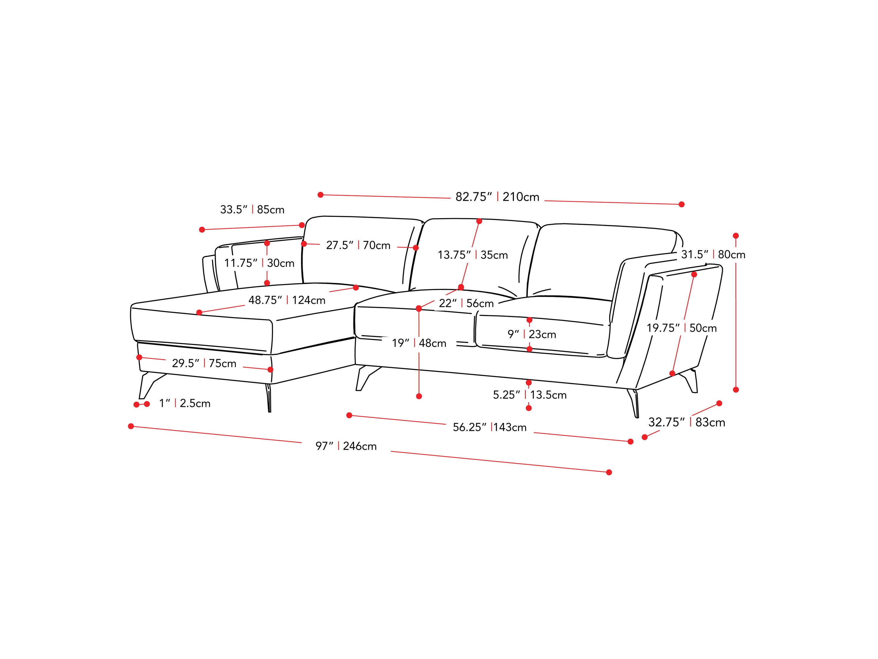 light grey L Shaped Sofa, Left Facing Lansing Collection measurements diagram by CorLiving#color_light-grey