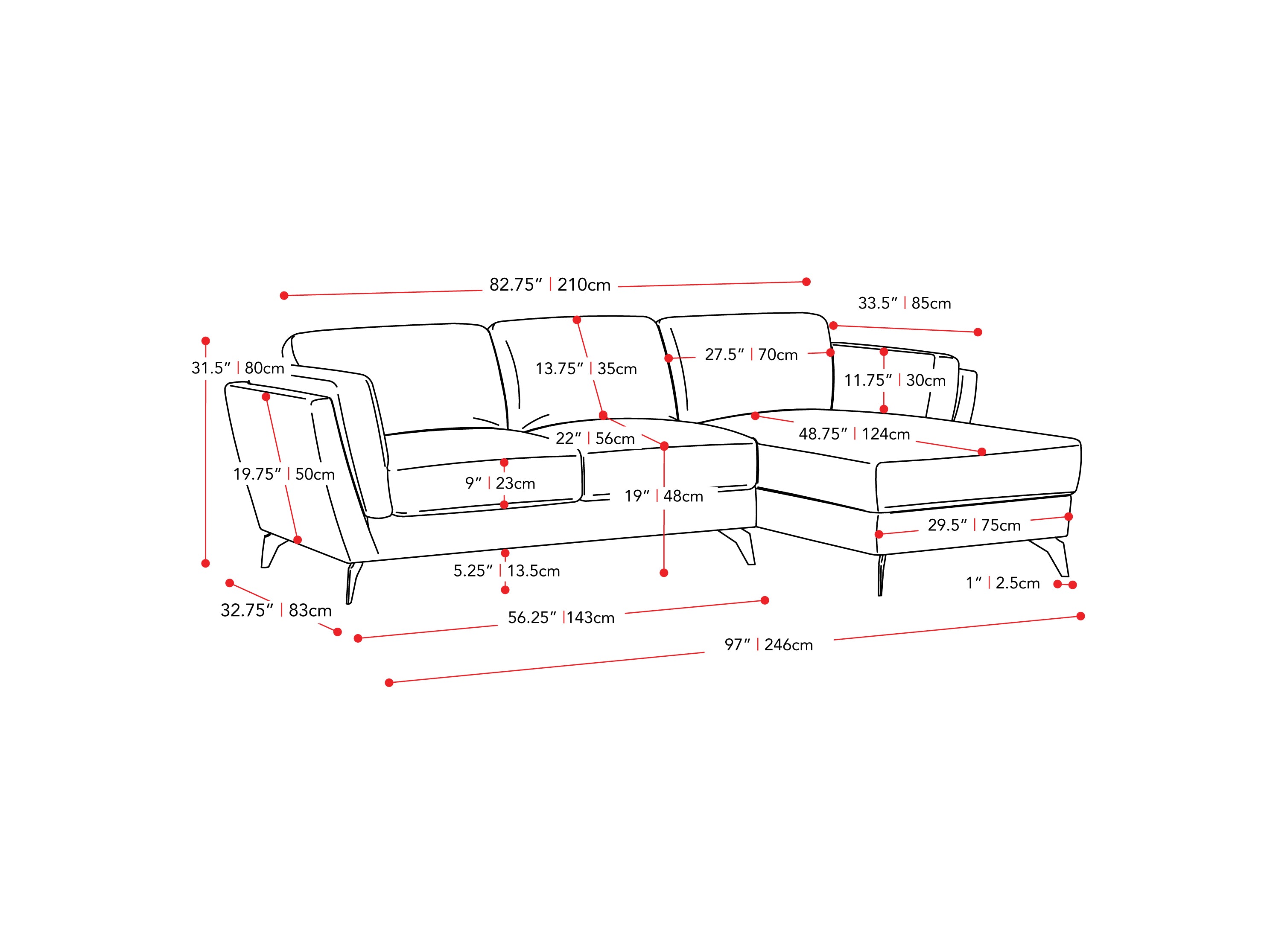 light grey L Shaped Sofa, Right Facing Lansing Collection measurements diagram by CorLiving#color_light-grey
