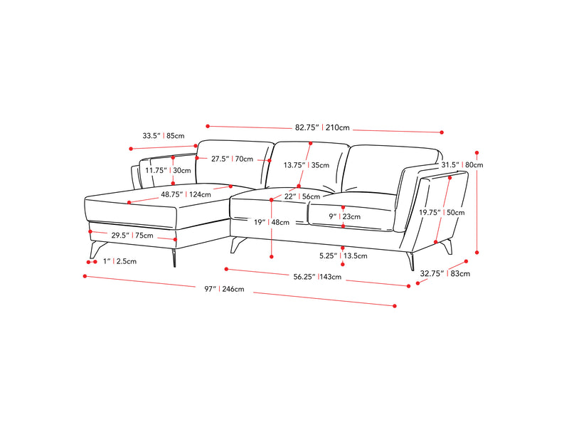 deep blue L Shaped Sofa, Left Facing Lansing Collection measurements diagram by CorLiving