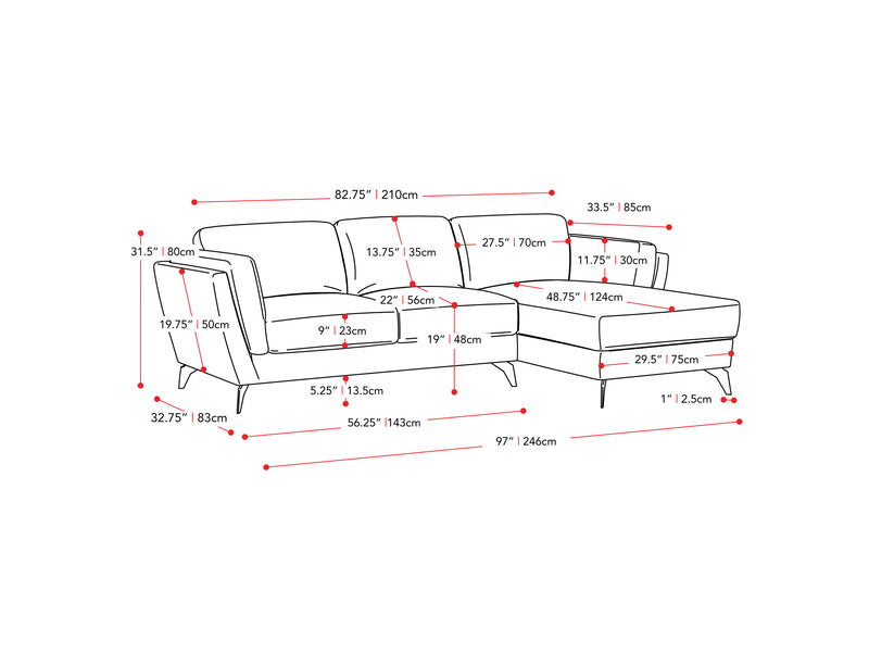 deep blue L Shaped Sofa, Right Facing Lansing Collection measurements diagram by CorLiving