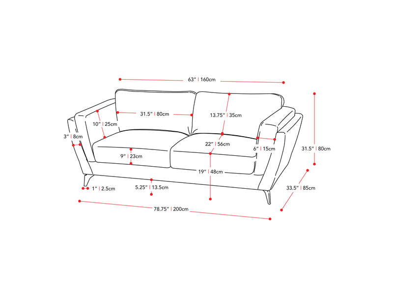 deep blue 3 Seater Sofa Lansing Collection measurements diagram by CorLiving
