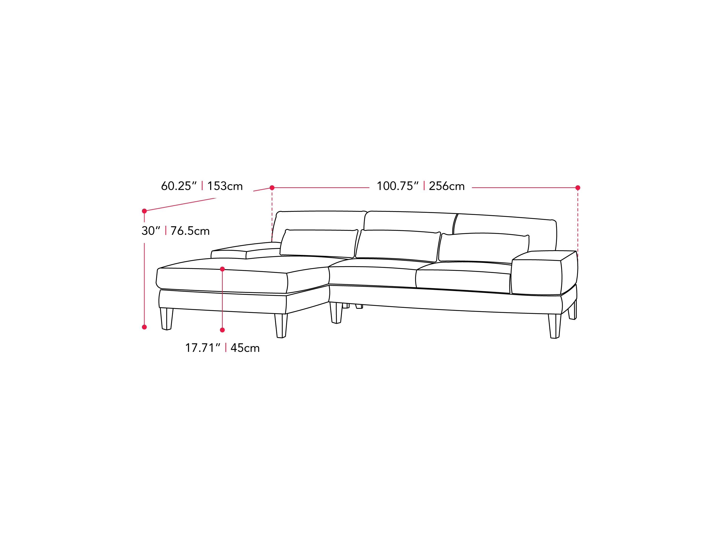 grey Modern Sectional Sofa, Right Facing Ava Collection measurements diagram by CorLiving#color_grey