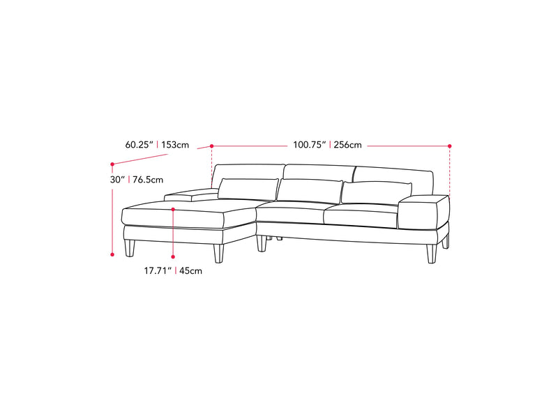blue Modern Sectional Sofa, Right Facing Ava Collection measurements diagram by CorLiving
