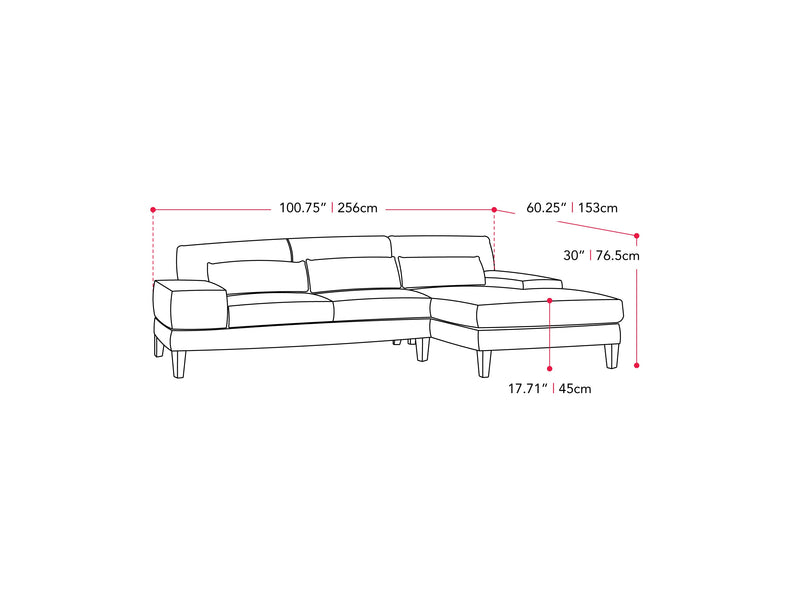 blue Modern Sectional Sofa, Left Facing Ava Collection measurements diagram by CorLiving