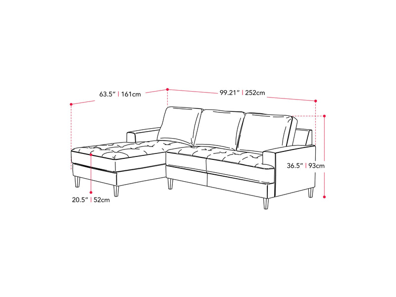 beige L Shaped Couch, Right Facing Madelyn Collection measurements diagram by CorLiving