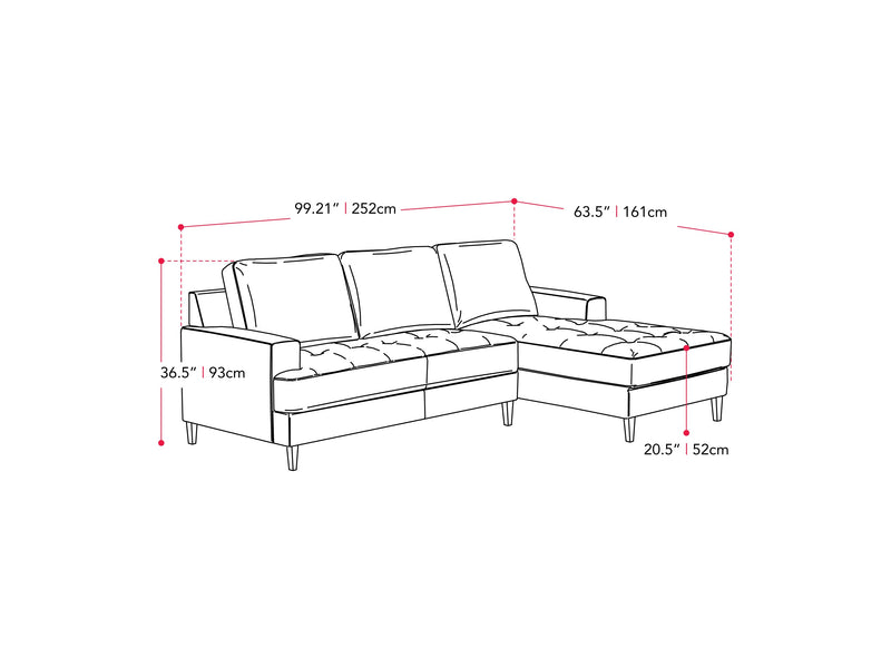 beige L Shaped Couch, Left Facing Madelyn Collection measurements diagram by CorLiving