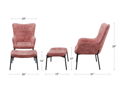 pink Velvet Accent Chair with Stool Charlotte Collection measurements diagram by CorLiving#color_charlotte-salmon-pink