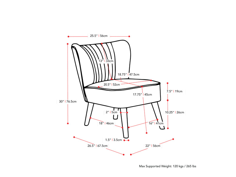 blue Velvet Accent Chair with pouf Lynwood Collection measurements diagram by CorLiving