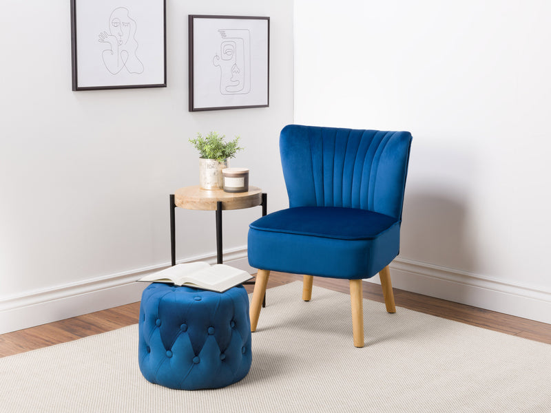 blue Velvet Accent Chair with pouf Lynwood Collection lifestyle scene by CorLiving