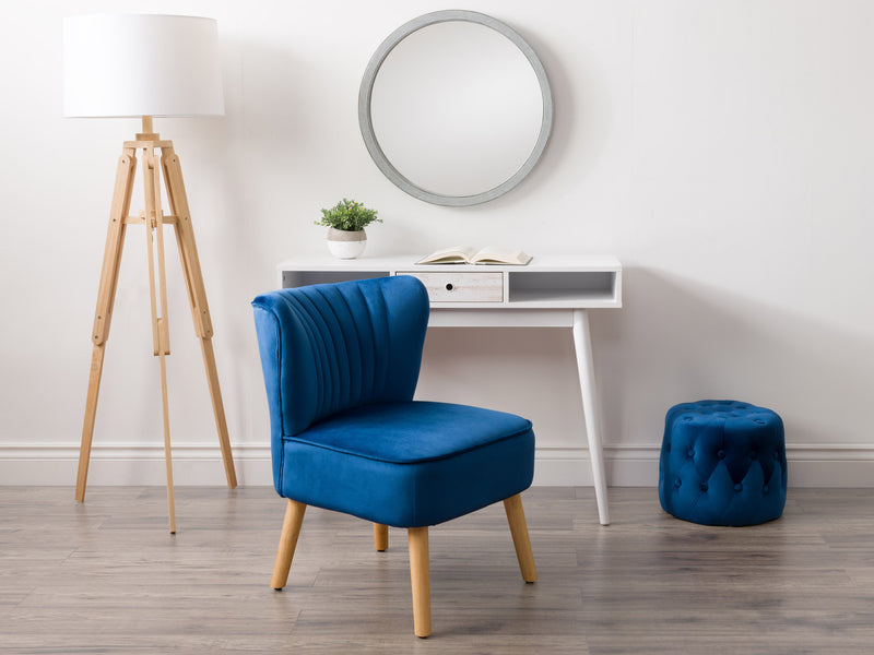 blue Velvet Accent Chair with pouf Lynwood Collection lifestyle scene by CorLiving