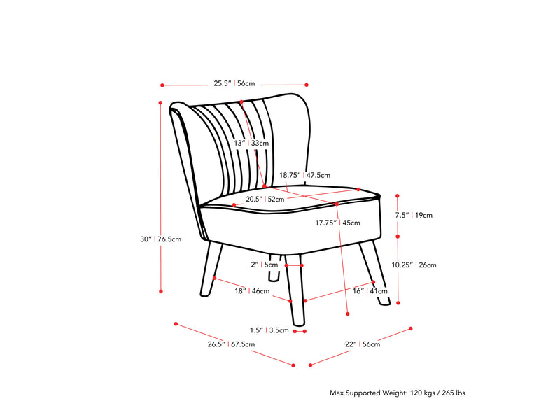 grey Velvet Accent Chair Lynwood Collection measurements diagram by CorLiving