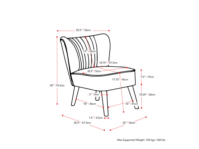grey Velvet Accent Chair with pouf Lynwood Collection measurements diagram by CorLiving