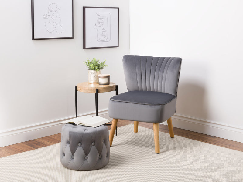 grey Velvet Accent Chair with pouf Lynwood Collection lifestyle scene by CorLiving