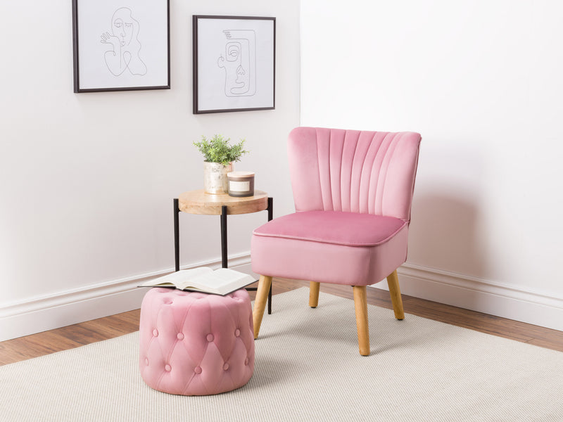 pink Velvet Accent Chair with pouf Lynwood Collection lifestyle scene by CorLiving