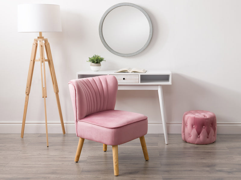 pink Velvet Accent Chair with pouf Lynwood Collection lifestyle scene by CorLiving