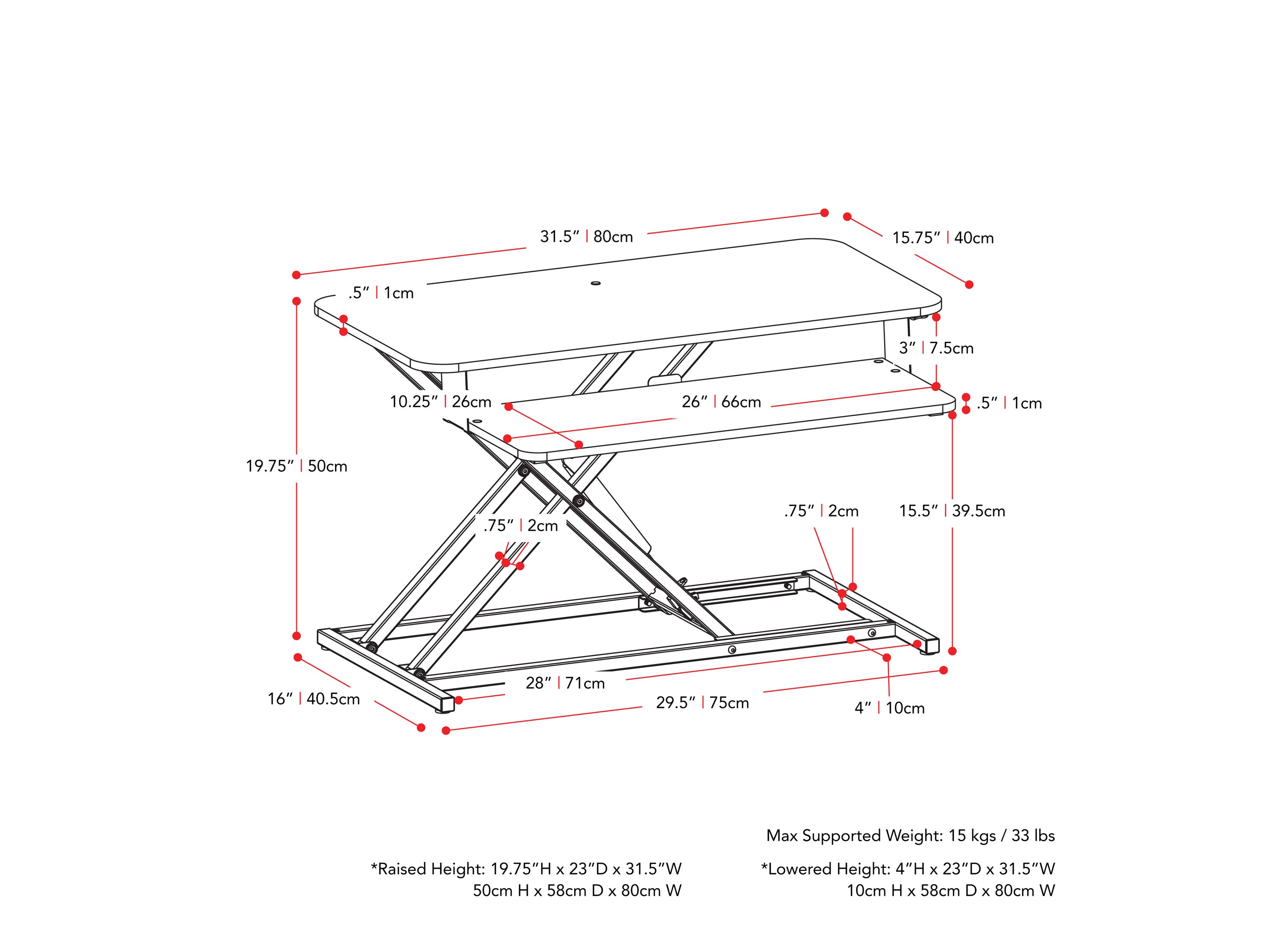 black Standing Desk Converter Workspace Collection measurements diagram by CorLiving#color_black