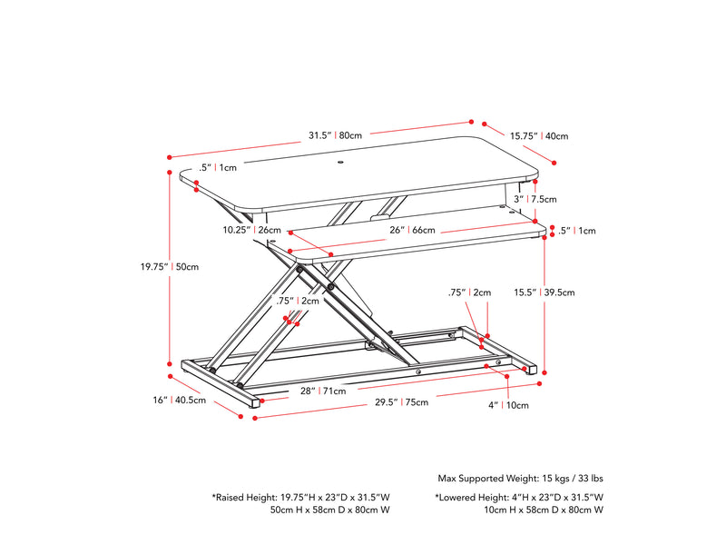 black Standing Desk Converter Workspace Collection measurements diagram by CorLiving