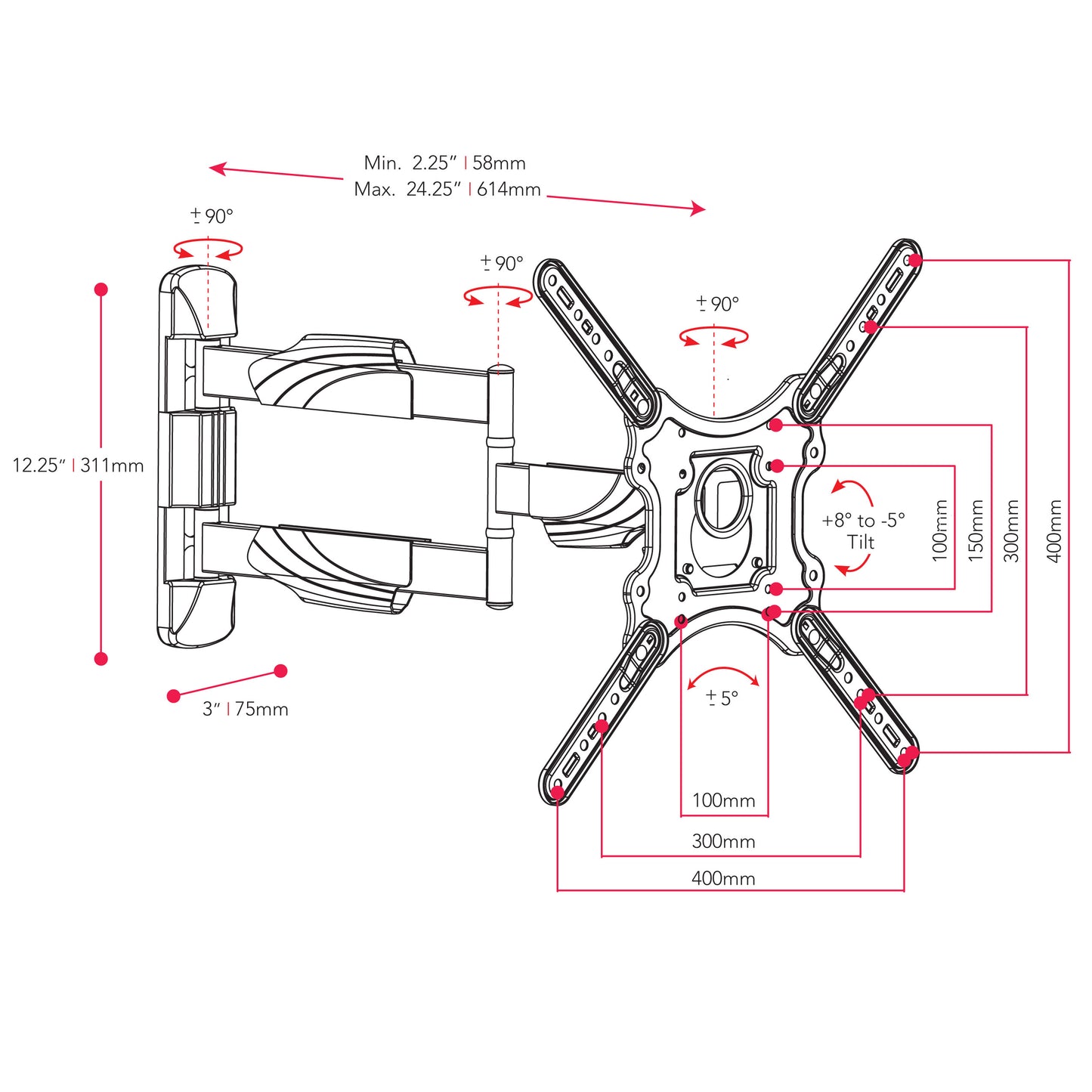 Full Motion TV Wall Mount for 23" - 55" TVs