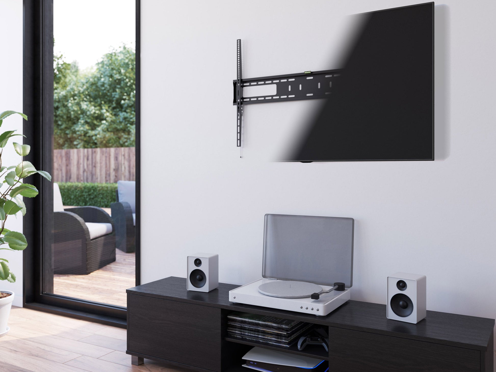 Alt Tag: 

"Black fixed wall mount for large TVs up to 100 inches, sturdy metal construction with adjustable brackets and secure locking mechanism for optimal viewing angles."