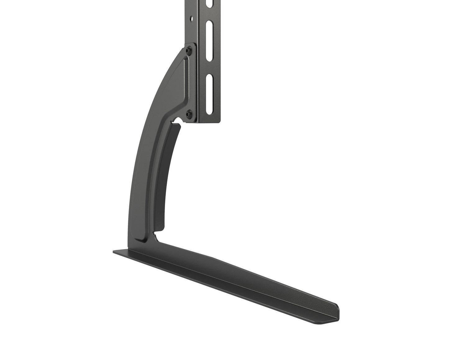 Modern black TV base stand with sleek metal frame, tempered glass shelves, and cable management system, suitable for TVs up to 70 inches. Contemporary design with sturdy construction and minimalist aesthetic.
