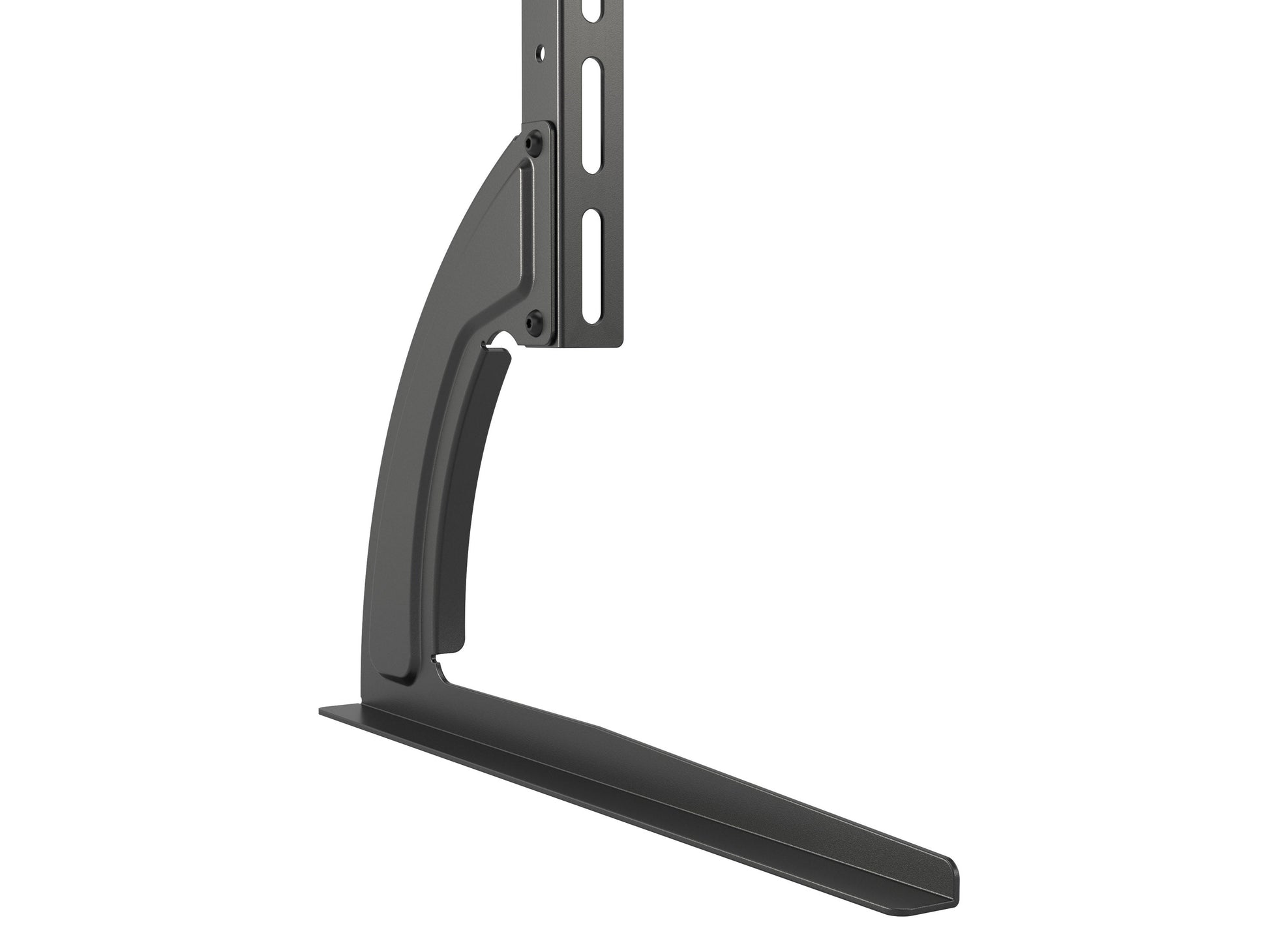 Modern black TV base stand with sleek metal frame, tempered glass shelves, and cable management system, suitable for TVs up to 70 inches. Contemporary design with sturdy construction and minimalist aesthetic.