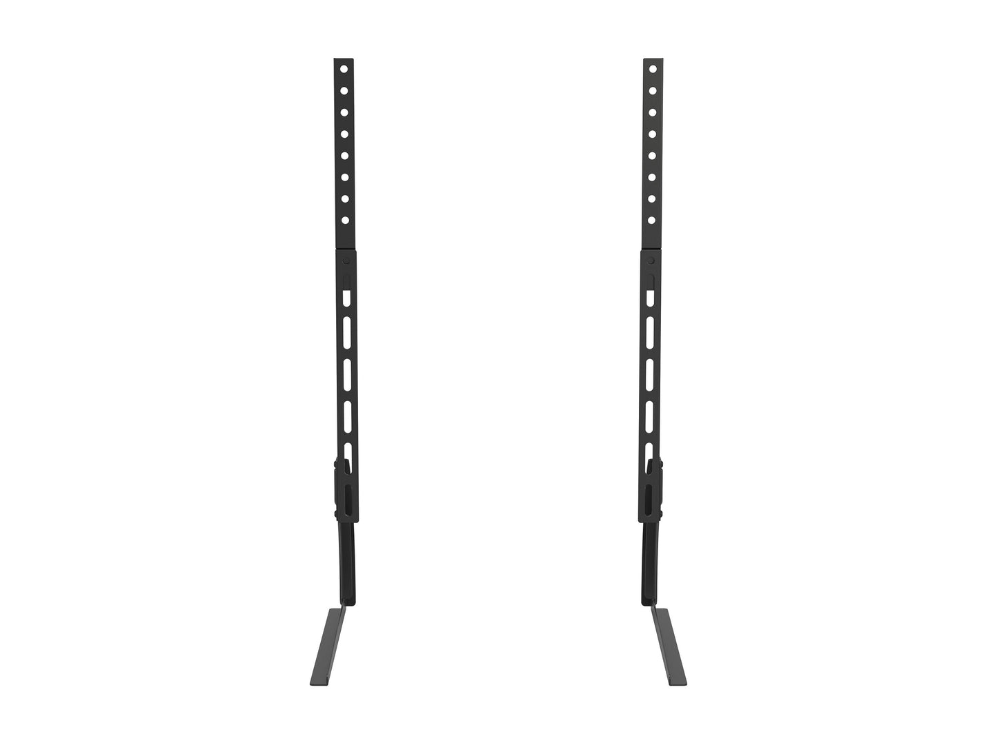 Modern black TV base stand with sleek metal frame, tempered glass shelves, and cable management system, suitable for TVs up to 70 inches. Contemporary design with sturdy construction and minimalist aesthetic.