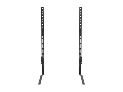 Modern black TV base stand with sleek metal frame, tempered glass shelves, and cable management system, suitable for TVs up to 70 inches. Contemporary design with sturdy construction and minimalist aesthetic.