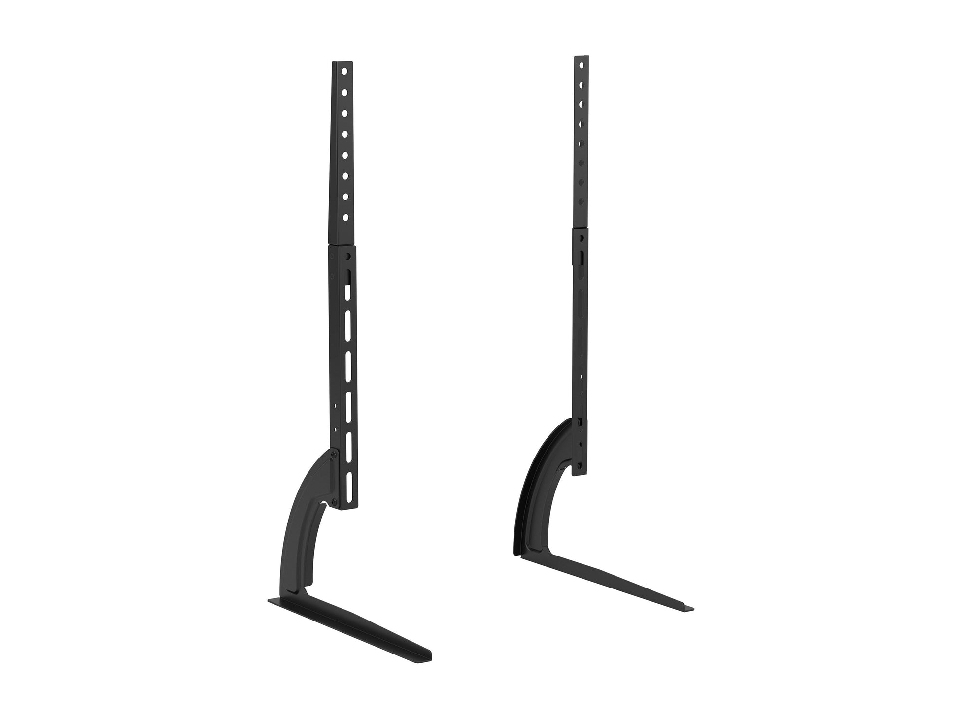 Modern black TV base stand with sleek metal frame, tempered glass shelves, and cable management system, suitable for TVs up to 70 inches. Contemporary design with sturdy construction and minimalist aesthetic.