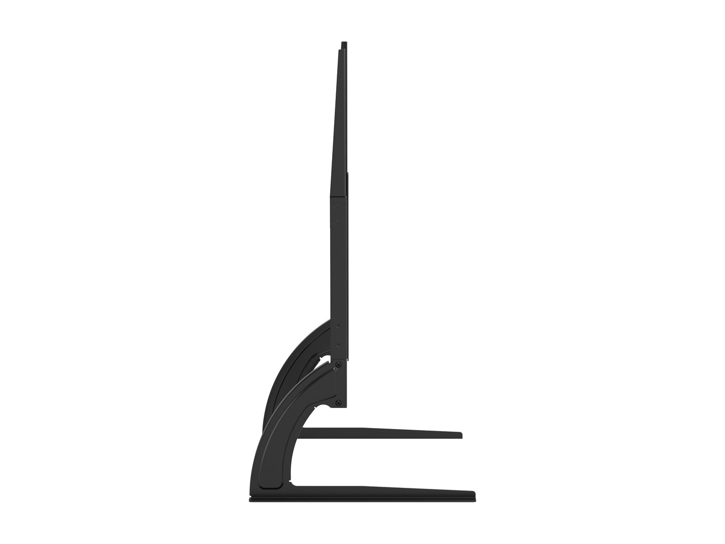 Modern black TV base stand with sleek metal frame, tempered glass shelves, and cable management system, suitable for TVs up to 70 inches. Contemporary design with sturdy construction and minimalist aesthetic.
