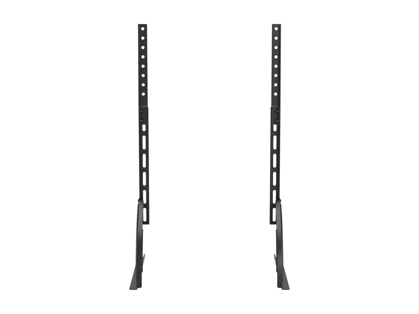 Modern black TV base stand with sleek metal frame, tempered glass shelves, and cable management system, suitable for TVs up to 70 inches. Contemporary design with sturdy construction and minimalist aesthetic.