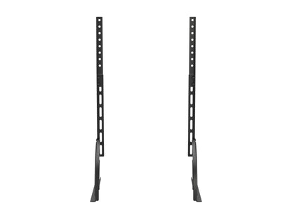Modern black TV base stand with sleek metal frame, tempered glass shelves, and cable management system, suitable for TVs up to 70 inches. Contemporary design with sturdy construction and minimalist aesthetic.
