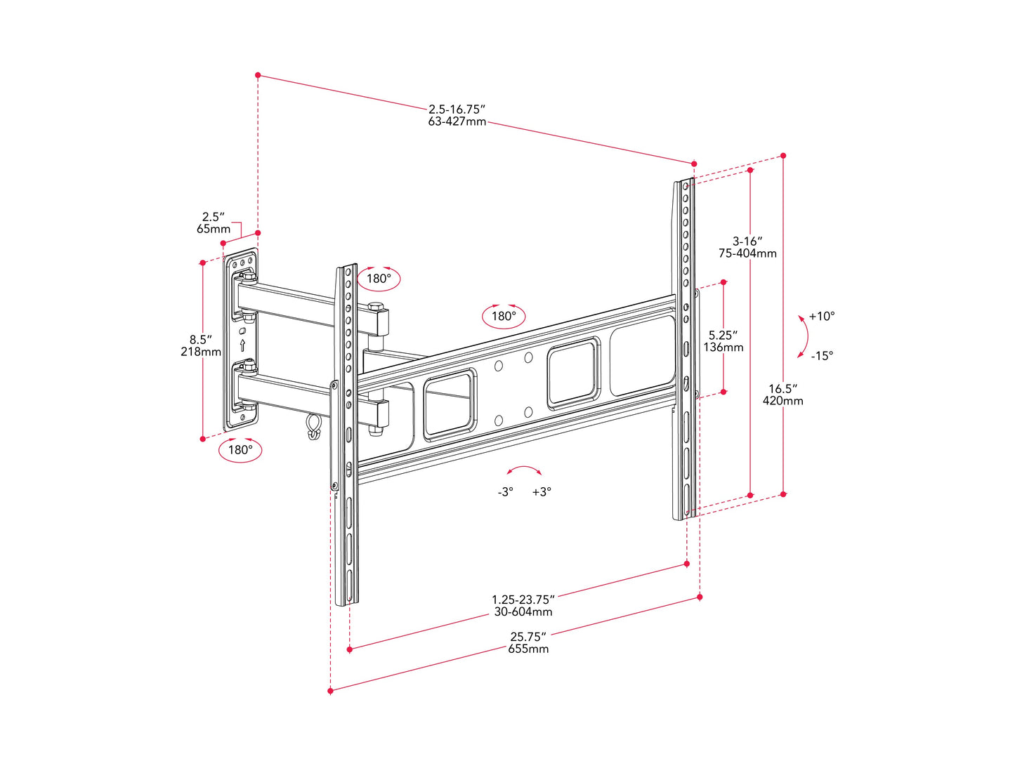 Full motion TV wall mount for up to 70-inch TVs, black metal with adjustable arms, tilts, swivels, and extends for optimal viewing angles, compatible with most flat-screen TVs, easy installation.