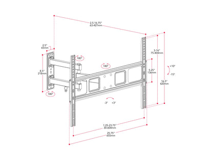 Full motion TV wall mount for up to 70-inch TVs, black metal with adjustable arms, tilts, swivels, and extends for optimal viewing angles, compatible with most flat-screen TVs, easy installation.