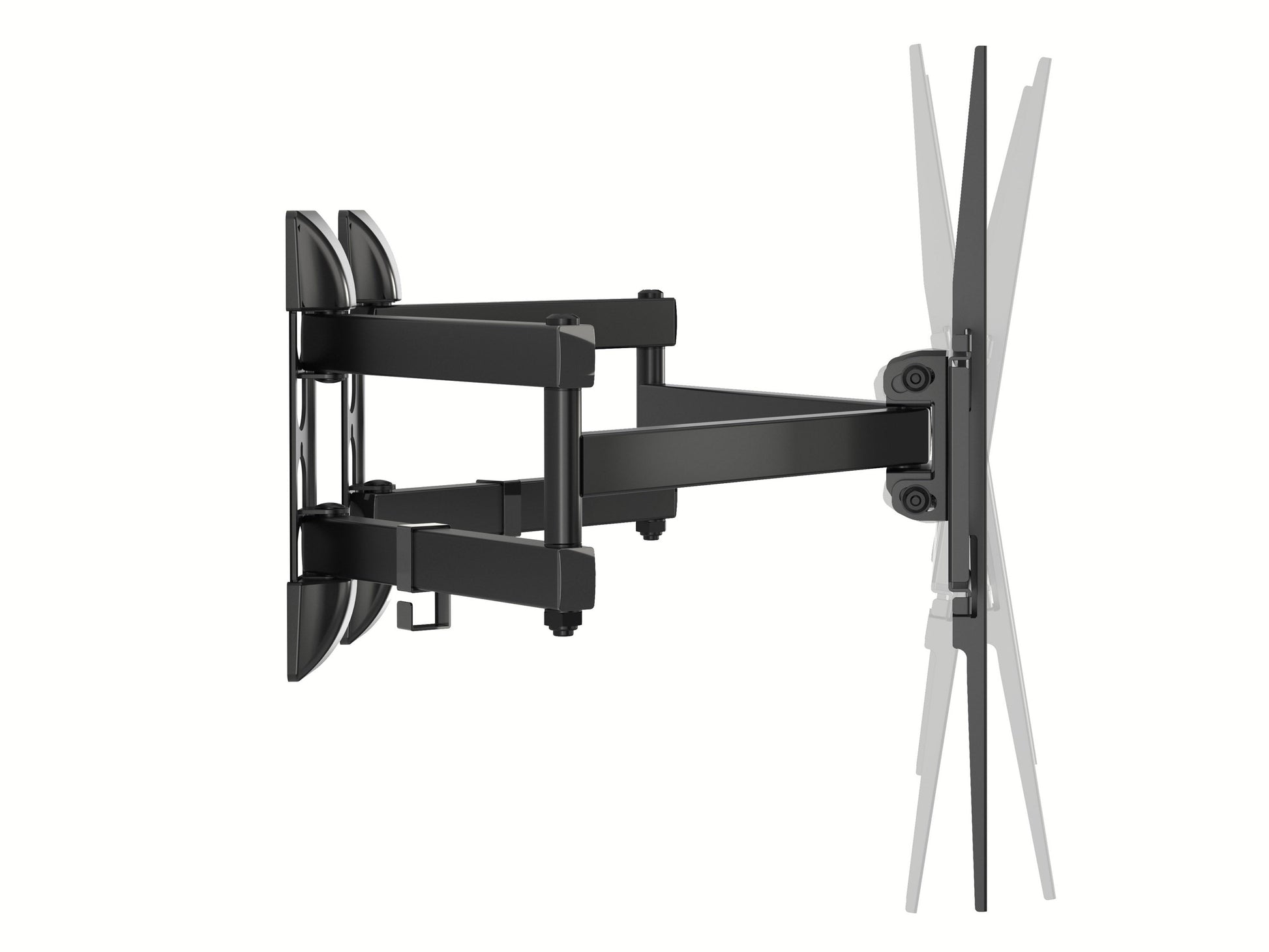Sleek black corner TV wall mount with adjustable arms and a sturdy steel frame, designed for flat-screen TVs up to 65 inches, providing optimal viewing angles and space-saving installation.