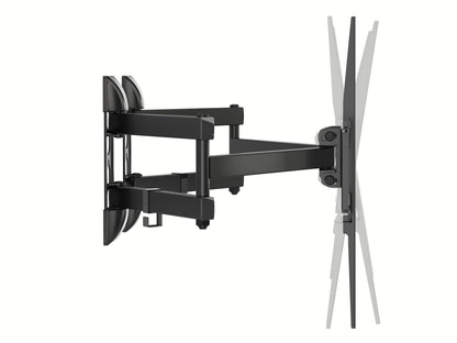 Sleek black corner TV wall mount with adjustable arms and a sturdy steel frame, designed for flat-screen TVs up to 65 inches, providing optimal viewing angles and space-saving installation.